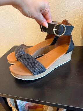 Paul Green Black Woven Ankle-Strap Wedge Sandals